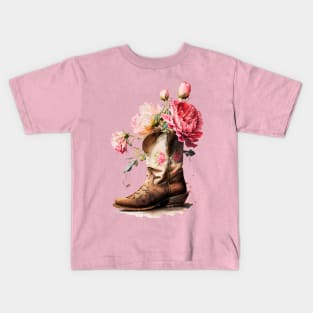 Pink Peonies Brown Cowgirl Boot Kids T-Shirt